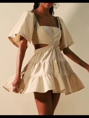 Free People Cream Tiered Puff-Sleeve Cutout Mini Dress W/ Pockets.